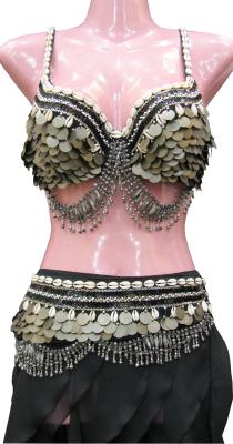 China Classical Tribal Belly Dance Costumes / belly dancing outfits with shells bra and belt 2pc set for sale