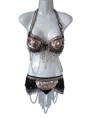 China Adult belly dance bra and belt sets wear with coins , metal chains for Girls for sale