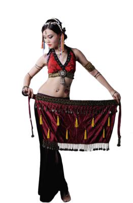 China Egyptian tribal velvet belly dance hip scarf with coin , tassels black or coffee color for sale