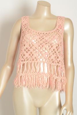 China Mix yarns pink flower pattern crochet vest with fringes / sleeveless tank tops for sale