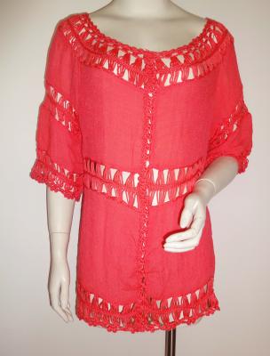 China Fashion woven top with crochet trims piecing ladies fashion apparel red color for sale