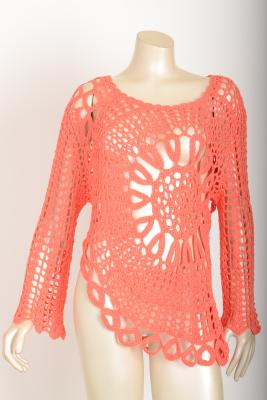 China Coral Acrylic crochet tops with curvy hem line  plus sizes , crochet sweater for sale