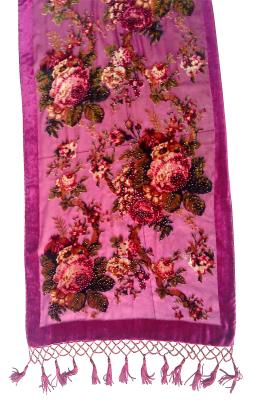 China Oblong flower pattern burnout velvet scarf with beading and tassels for sale