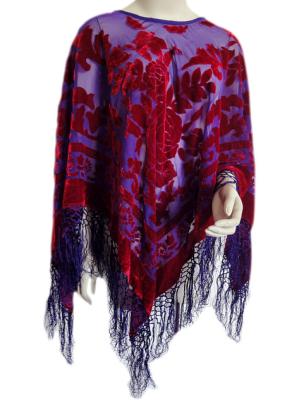 China Printed Square burnout velvet poncho with flower pattern and fringes for sale