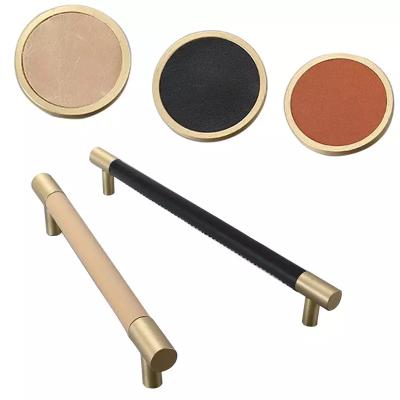 China Hoone Modern Nordic Custom Solid Logo Brass Leather Handle Kitchen Cabinet Wardrobe Furniture Handle and Knob Puller for sale