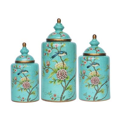 China Country blue green flower and bird ceramic decorative jar for wholesale and retail porcelain round storage jar for honey for sale