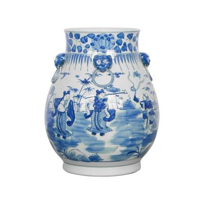 China Traditional hand painted blue and white lion head handle and eight immortals pattern ceramic tub for placing roller painting for sale