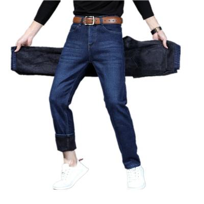 China Autumn and winter men's thick fleece jeans men's viable pants and trousers warm classic large size straight men's blue jeans for sale