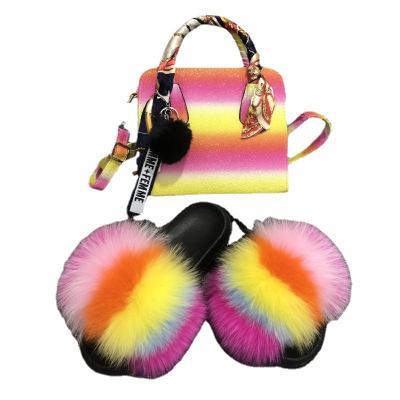 China High Quality Women Shoes Furry Slides And Clips Real Fox Fur Rainbow Sandals With Matching Purses Fluffy Slippers For Woman With Bag Match for sale