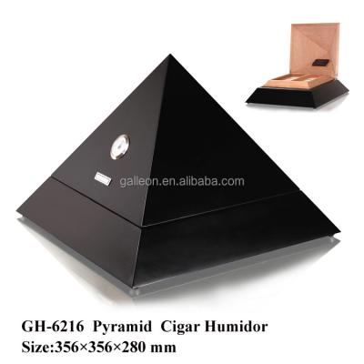 China Wooden Triangle Shape Black Lacquer Wood Egypt Pyramid Cigar Humidor With 3 Trays for sale