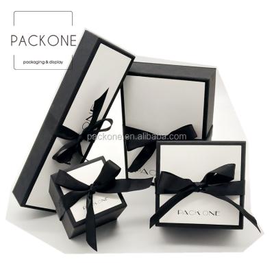 China White Art Paper Classic Jewelry Box With Logo And Black Ribbon for sale