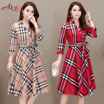 China Party anti-static fashion summer belt female grid cotton sheer women shirt dresses plaid quality vestidos largos summer casual dresses for sale