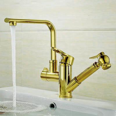 China Thermostatic Faucets Luxury Deck Mounted Brass Mixer Tap Pull Out Gold Single Handle Kitchen Faucet for sale