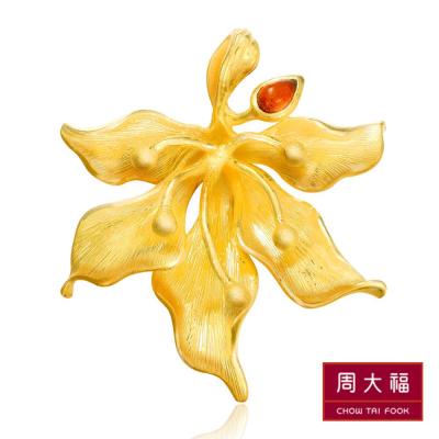 China Gold BAUHINIA - 3D Bauhinia 999.9 Pure Gold Pendant with Garnet for sale