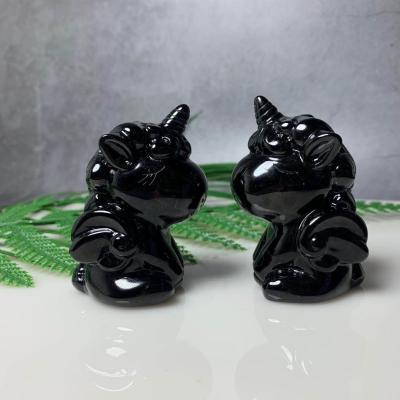 China Natural Europe Crystal Polished Carving Black Cartoon Unicorn With Wings Cute Children's Gifts for sale