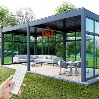 China Easily Assembled 40ft Container Loading Metal Electric Gazebo Louvre Roof System Waterproof Garden Pergola for sale