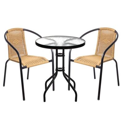 China Modern Outdoor Round Table and Tempered Glass Rattan Chairs Garden Bistro Furniture 3pcs Set for sale