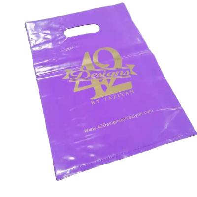 China Recyclable Purple Tote Custom Logo Design Printed Thick Environmental Friendly Die Cut Plastic Shopping Bag for sale