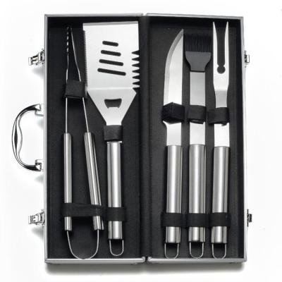 China Easily Cleaned 5 Pcs BBQ Accessories Stainless Steel Grill Utensils Set With In Aluminum Case For Outdoor And Backyard Camping Grilling for sale