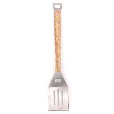 China Easily Cleaned Stainless Steel BBQ Spatula With Wood Handle Outdoor Camping Turner Barbecue Grill Beer Bottle Opener Kitchen Spatula for sale