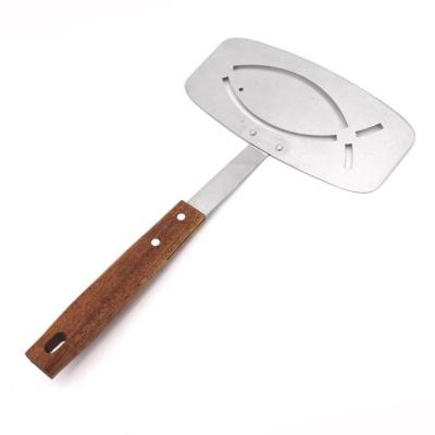 China Stainless Steel Metal Burger Fin Spatula Tool Easily Cleaned Outdoor Barbecue Grilling Meat Turner With Acacia Wood Utensil Handle for sale