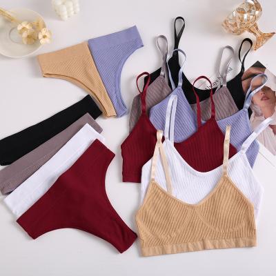 China Sporty Fashion Set Plain Dyed Unlined Bra Brief Sets Small Cup Convertible Un Tie Padded Bra Sets for sale