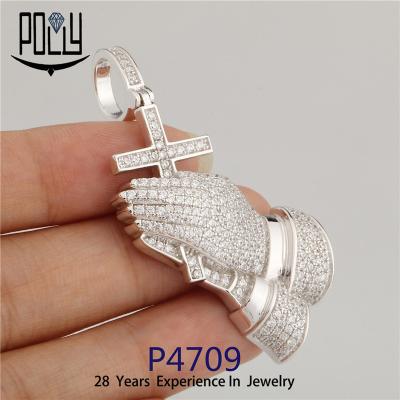 China Prayer Hands Charm Wholesale Mens 925 Silver Glazed CZ Hip Hop Jewelry Prayer Hands Charm Pendant In Stock for sale