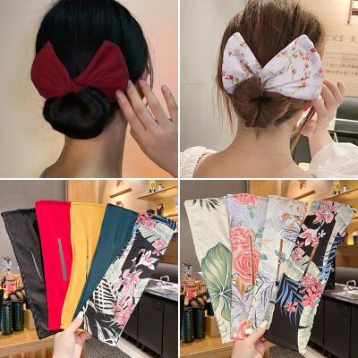 China Trendy Fashion Girls Printted Skillful Bun Headband Korean Ties Bow Curling Magic Clip Making Tool Hair Accessories for sale