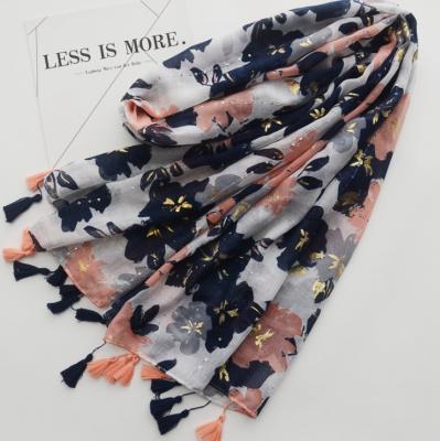 China Wholesale Plain Dyed Fashion Butterfly Foil Printing Scarf With Tassels Muslims Hijab for sale