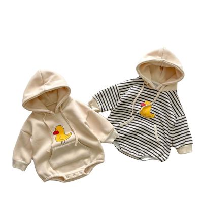 China Custom 100% Qy Cotton 0-3 Years Old Winter Clothes Thickening Hooded Rompers Overalls Baby Duckling Warm Striped One Piece Print for sale