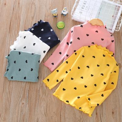 China Anti-pilling Heart Qy New Arrival Children Clothing Ruffle Stand Collar Printed Long Sleeve Tops Autumn Toddler Girls T-shirts for sale