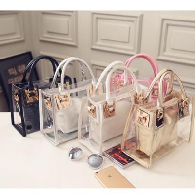 China Lady AZB066 Eco vegan PU leather elegant ladies clear jelly clutch purse shoulder bag tote transparent handbags sets 2 in 1 for women for sale