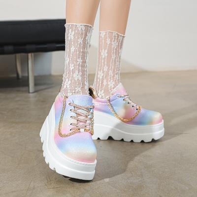 China Fashion Trend Wedge Heel Thick Single Round Toe New Large Size Metal Color Chain Ladies Lace-up Casual Shoes for sale