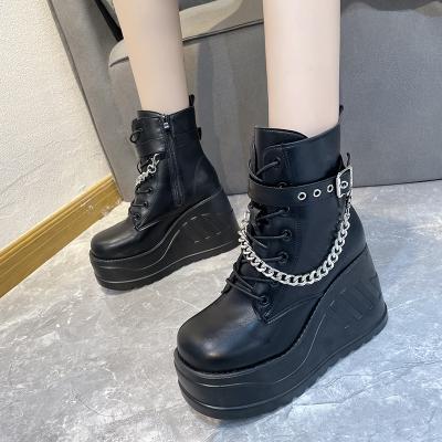 China New Thermal Amazon Round Toe Metal Chain Martin Boots Increase Thick-soled Women's Motorcycle Boots for sale