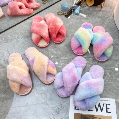 China Fashion trend women's plush slippers autumn and winter fashion colorful cross open-toed home slippers for sale