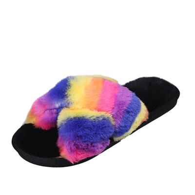 China Thermal Rainbow Cross Plush Slippers Women Fashion Flat Bottom Ladies Home Plush Slippers for sale