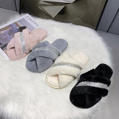 China Fashion Trend Home Ladies Plush Slippers Flat Bottom Cross Toe Flat Bottom Plush Cotton Open Cotton Slippers for sale