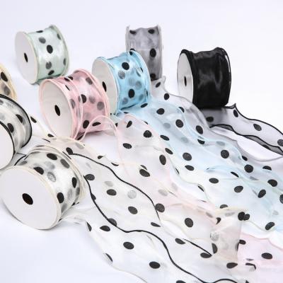 China Wholesale custom high tenacity fashion polka dot edge stitching fishtail ribbon roll up ribbon shiny shiny flower organza wedding wrapping deco for sale