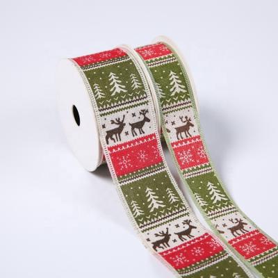 China High Tenacity Christmas Tree and Deer Printing Pattern Wired Edge Red and Green Ribbon Christmas Merry Christmas for sale