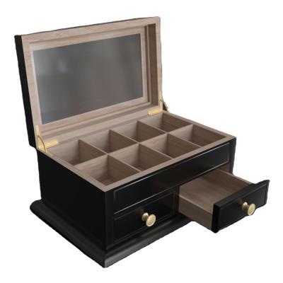 China New Design Handmade Luxury Black Lacquer 8 Compartments Wooden Tea Box With Drawer for sale