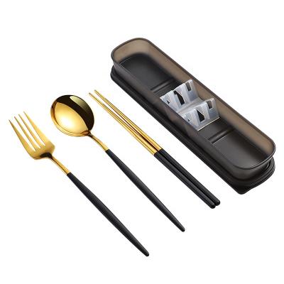 China Travel Sustainable Reusable Camping Portable Cutlery Metal Fork Spoon Chopsticks Cutlery Set With Case for sale