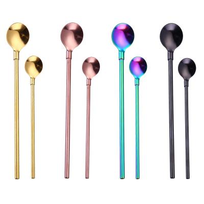 China Long Handle Sustainable Reusable 304 Metal Stainless Steel Stirring Mixing Straw With Spoon for sale