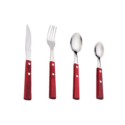 China Sustainable Red Color Wooden Handle Flatware Set Stainless Steel Cutlery With Wooden Handle for sale