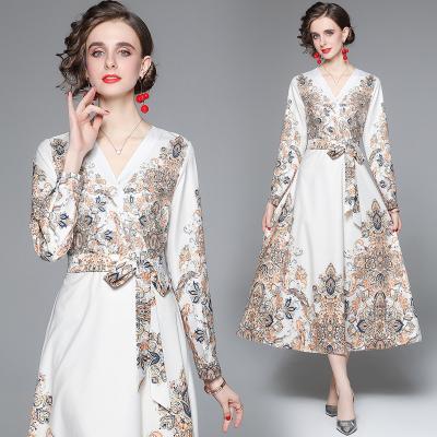 China New Fashion Customized Deep V Neckline Anti-static Printing Long Sleeve Waist Dress Manufacturer In China for sale