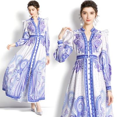 China high end fashion floral totem Anti-wrinkle design multi design sheaths long sleeve beam women dress for sale