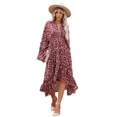 China Summer New Arrivals Floral Print Ruffle Puff Sleeve Viable V-Neck Women's Casual Dresses for sale