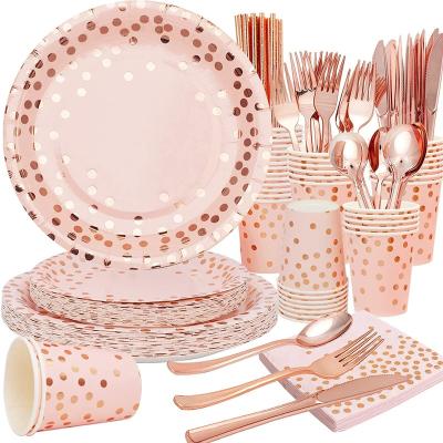 China Non-Toxic Pink Rose Gold Dot Paper Plates Napkins Cups, Pink Disposable Party Tableware Set for sale