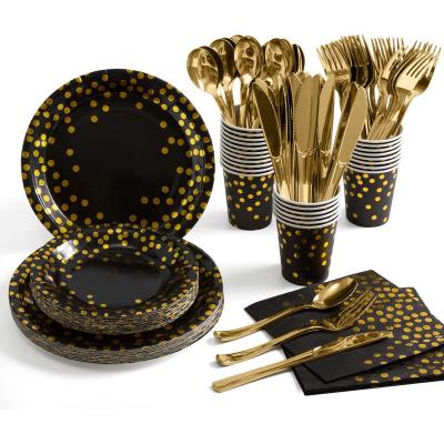 China Non-Toxic Black and Gold Party Supplies 175 Piece Gold Dot Disposable Party Dinnerware Kit for sale