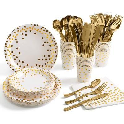 China Non-Toxic 175 Piece Gold Party Supplies Set Disposable Gold Dots Paper Dinnerware Set for sale