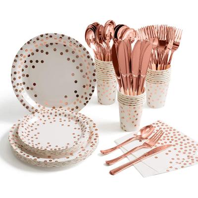 China 175 Non-Toxic Pieces of Rose Gold Party Supplies - Rose Gold Dot on White Paper Dishes and Napkins Cups Silverware Serves 25 Sets for sale